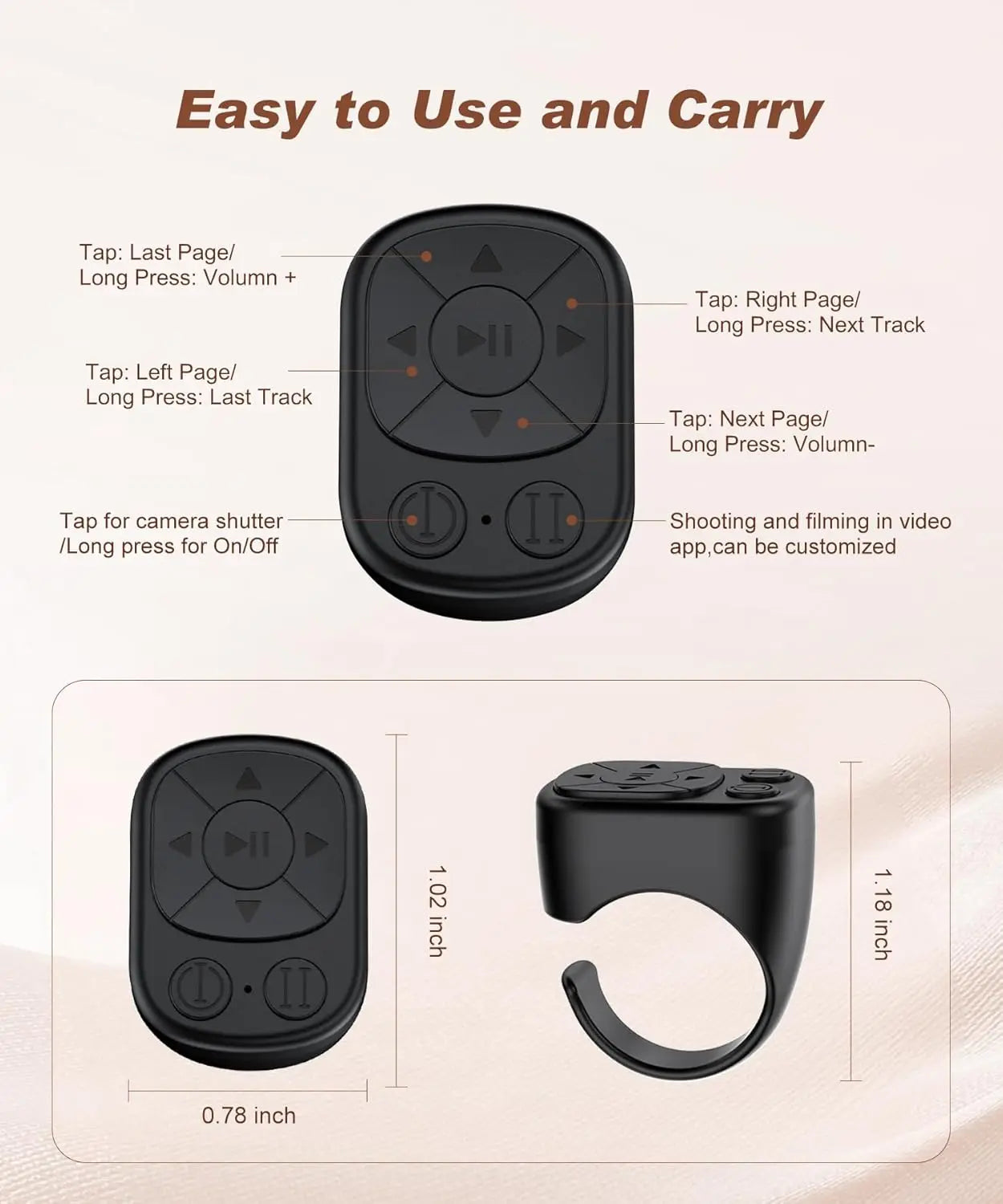 Bluetooth Scrolling Ring Remote | Wireless Camera Shutter and Media Control for iOS and Android