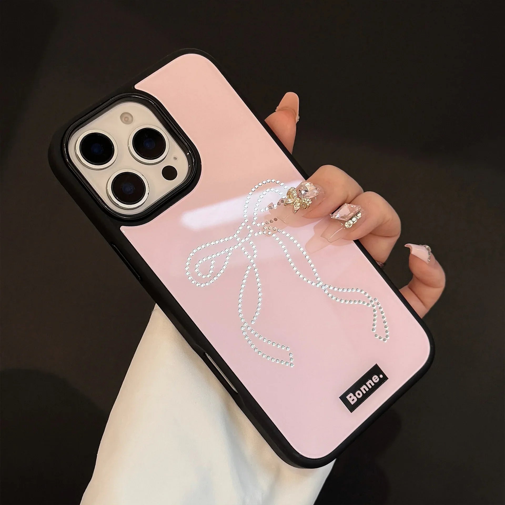 Rhinestone Bow Phone Case for iPhone 16 Pro Max 15 14 Plus 13 12 Cute Glossy Pink Girly Shockproof Hard Cover Gift